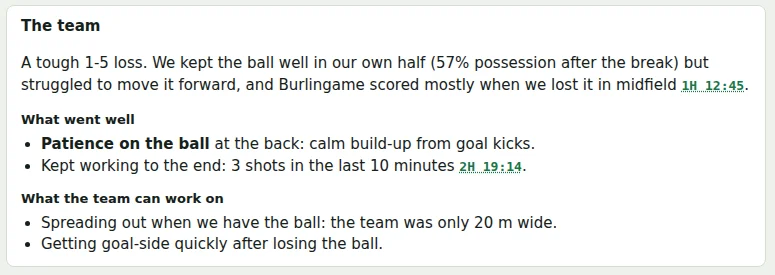 A written match report: what went well and what to work on, with links to the moments